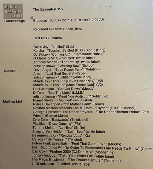Tracklist from Carl Cox's Essential Mix featuring Owen Jay's Tinnitus